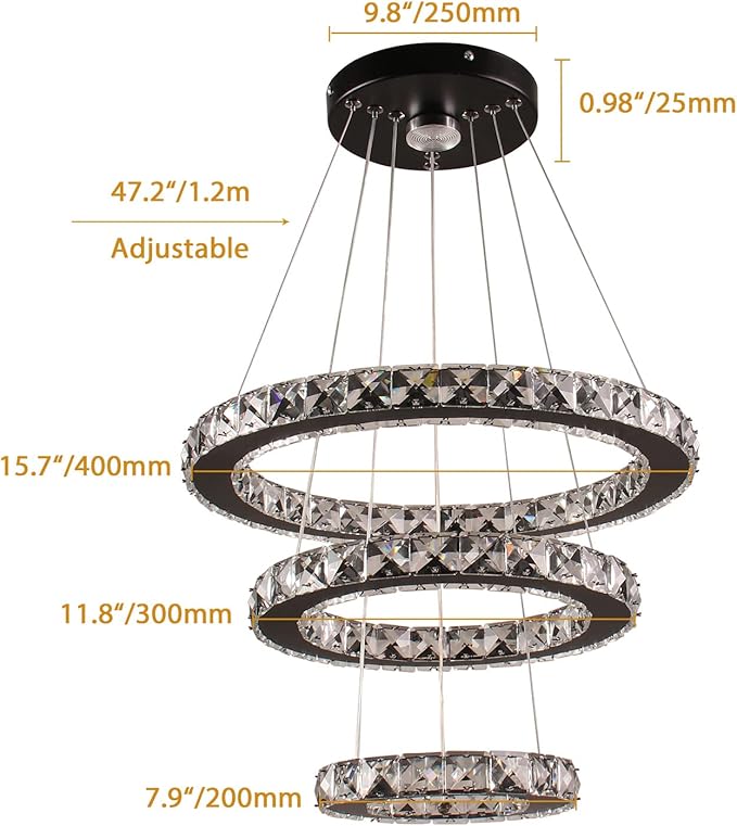 Dimmable Black Modern LED Crystal Chandeliers 3 Rings Pendant Light Adjustable Height Ceiling Lamp for Dinning Room Bedroom Living Room (Dimmable)