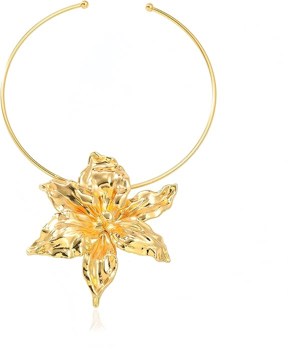 Statement Metallic Alloy Flower Necklace for Women - Large Floral Pendant Vintage Open Choker Hawaiian Vacation Beachy Boho Fashion Jewelry