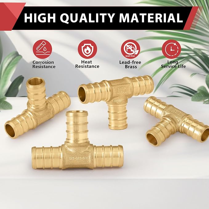 50PC EFIELD Barb Pex 3/4" x 3/4" x 1/2" Reducing Tee Brass Crimp Fittings | - Image 6