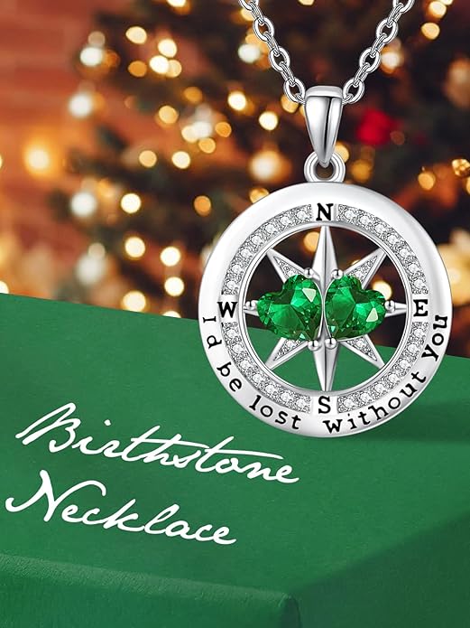 Compass Necklace for Women, Exquisite S925 Valentines Day Anniversary Birthday Gifts for Wife Her Double Birthstone Pendant Jewelry ‘I'd be Lost Without You’