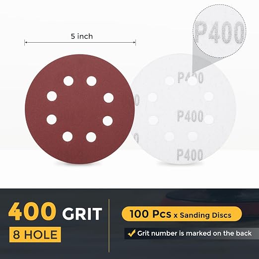 HARFINGTON 100 Pcs 5 Inch Sanding Discs 400 Grit Red Aluminum Oxide 8 Hole | - Image 2