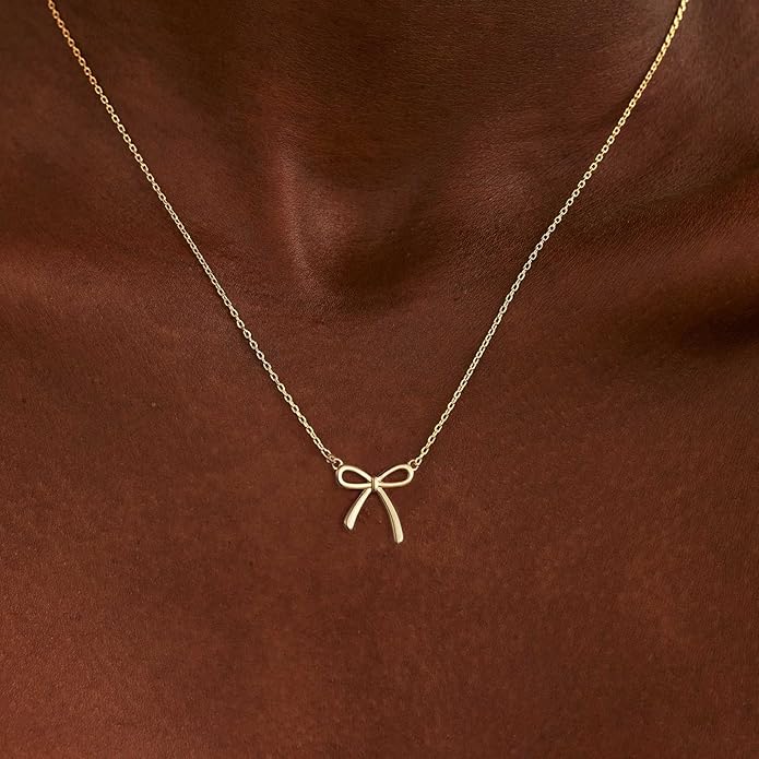Valentines Day Gifts for Her - Dainty Bow Necklace for Women 14K Gold Plated Cute Choker Small Pendant Charm Necklaces Teen Gift Trendy Stuff Personalized Jewelry