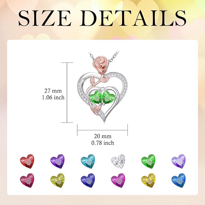 Rose Flower Heart Pendant for Women Birthday Gifts 18k Gold Plated Mother Daughter Necklace with 12 Months Birthstone Christmas Valentines Day Gifts for Her Mom Anniversarry Jewelry for Mom Wife Girlfriend