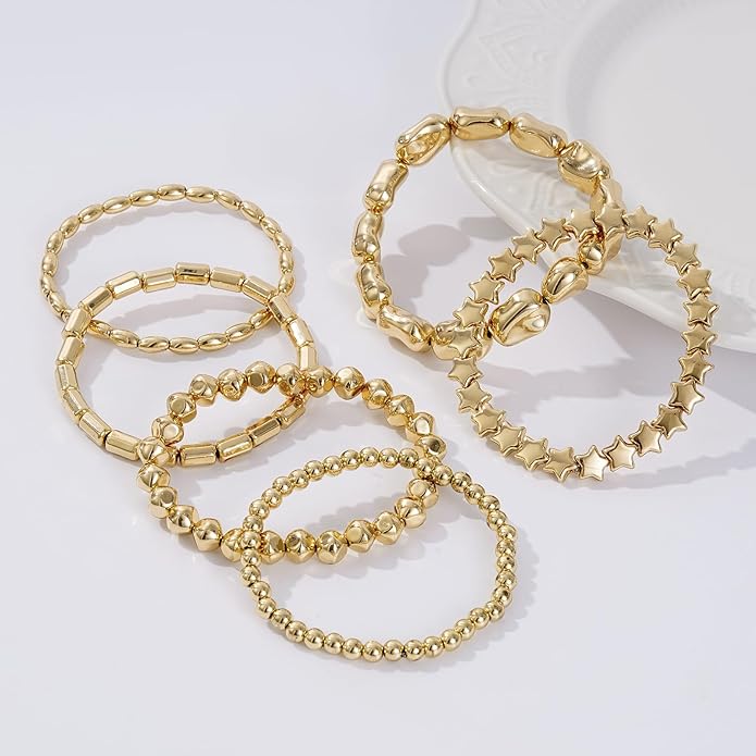 Gold Plated Beaded Bracelets for Women Trendy, 14K Gold Plated Stack Cross Pearl Gold Plated Bead Stretch Bracelets Set Elastic Hypoallergenic Bracelets Jewelry Gifts