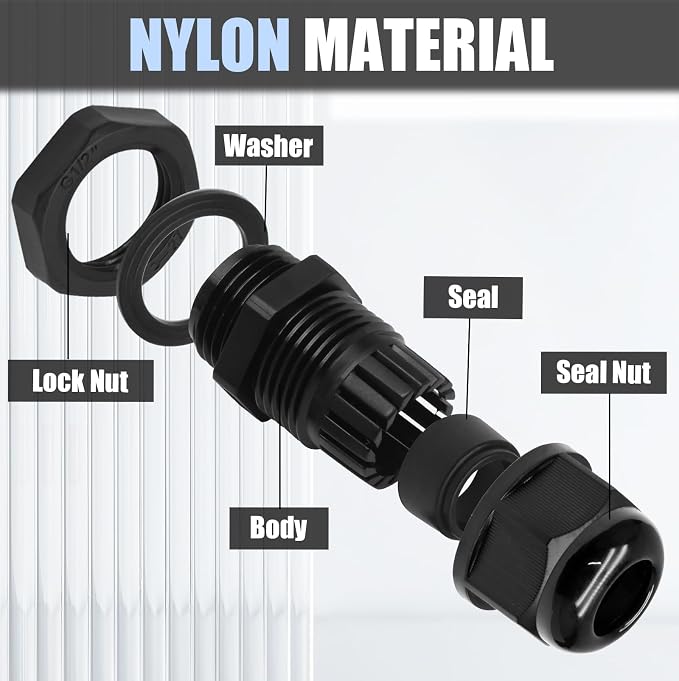 25 Pcs Nylon Cable Glands 5 Size Kit PG7 PG9 PG11 PG13.5 PG16 | IP68 Waterproof - Image 4