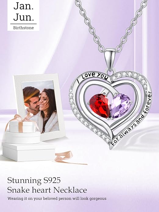 Valentine's Day Gifts for Wife 925 Sterling Silver Double Birthstone Pendant Necklaces I Love You for Always and Forever Necklace Anniversary Birthday Gifts for Wife Girlfriend Mom Her