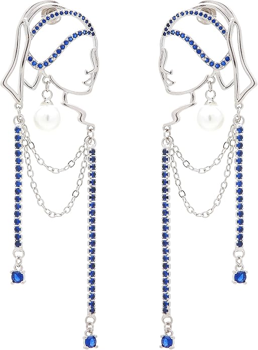 Unique Abstract Face Art | Dangle Statement Long Earrings for Women | Rhinestone Tassel Handmade Chandelier Earrings