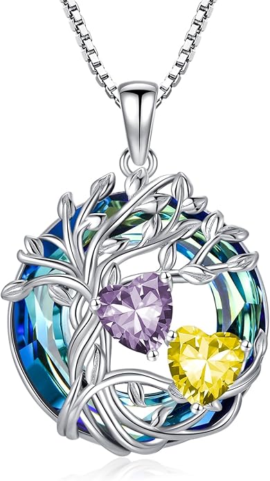 TOUPOP s925 Sterling Silver Family Celtic Tree of Life Pendant Necklaces with 2 Heart Birthstone with Blue Austrian Crystal Jewelry Birthday Valentines Day Gifts for Her, Anniversary Christmas Gifts for Wife Girlfriend Mom (18K Real White Gold Filled)