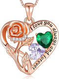 925 Sterling Silver Double Birthstone Rose Flower Heart Jewelry Necklaces for Women Anniversary Love Forever Necklaces for Her Birthday Gifts for Wife Girlfriend Mom Mothers Day Rose Gold