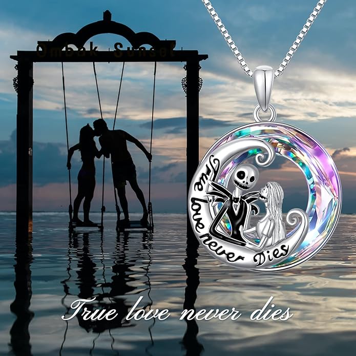 LILALO Nightmare Necklace Sterling Silver Abalone Shell Crystal Jack and Sally Necklace Jack Skellington Skull Jewelry Skull Necklaces for Women