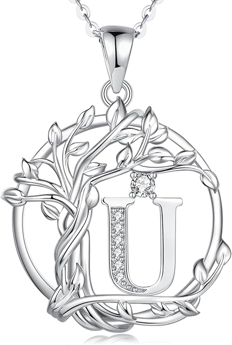 FANCIME Tree of life Initial necklaces for women, Sterling Silver Tree Jewelry Simulated Diamond Letter Pendant Cubic Zirconia CZ Personalized Birthday Mothers Day Gifts for Mom Wife Her