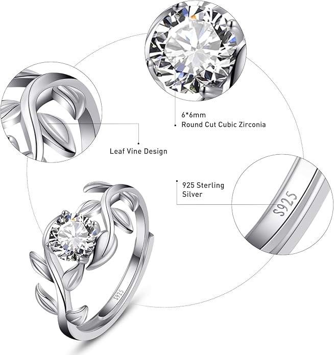 Adjustable Women Leaf|Wheat Grain|Filigree Ring 925 Sterling Silver Created Ruby|Sapphire|Cubic Zirconia Engagement Ring for Women Promise Wedding Ring Anniversary Valentines Open Size 5-9