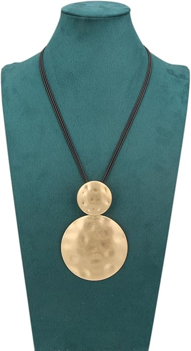 GelConnie Leather Necklace for Women Large Pendant Long Brown Necklace Circle Leather Choker Vintage Sweater Necklace Gold Chunky Boho Necklaces for Women
