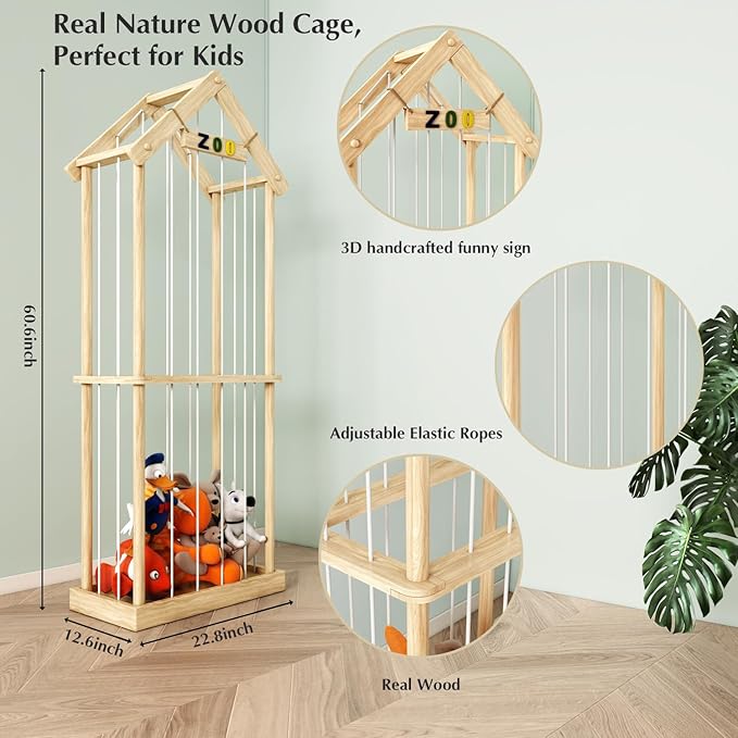 Stuffed Animal Storage Stuffed Animal Zoo Wood Soft Toy Organizer Plush Toy Holder Nursery Room Organizer Zoo Cage Stuffed Animal Holder with Zoo Pattern Gift for Nursery Playroom