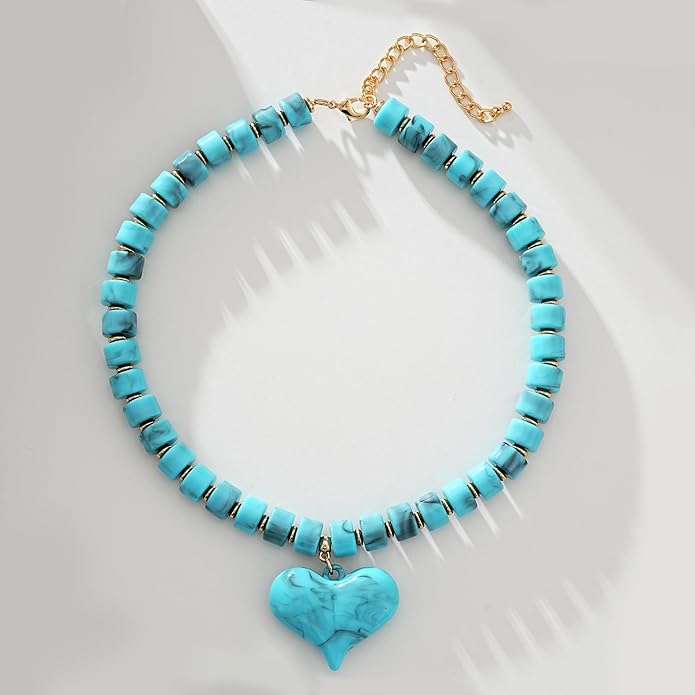 Large Acrylic Heart Necklaces for Women Chunky Puffy Heart Pendant Necklace Exaggerated Statement Love Beaded Choker Necklace Jewelry