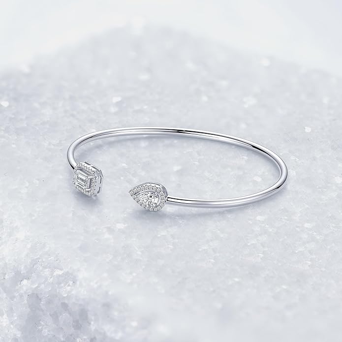 Moissanite Cuff Bangle for Women, D Color 4x6mm Emerald & Pear Moissanite, 925 Sterling Silver Dainty Bridal Cuff Bracelet, Fashion Wedding Jewelry for Her (Silver)