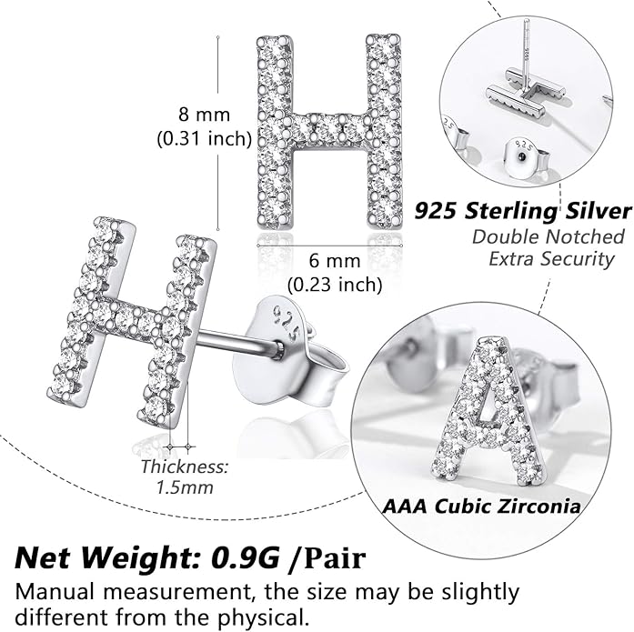Silver Letter Stud Earrings for Women with Alphabet H Solid Silver Ear Jewelry for Sensitive Ears Wearing