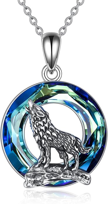 YFN Wolf Necklace Gifts for Men Women Sterling Silver Opal Moon Wolfs Jewelry Birthday 18+2"