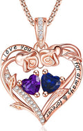 Rose Heart Necklaces for Women, Rose Gold Forever Love Jewelry with 2 Birthstones Pendant,Valentines Anniversarry Birthday Gifts for Her Wife Mom Grandma Daughter, 18+2 Inch Chain