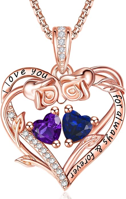 Rose Heart Necklaces for Women, Rose Gold Forever Love Jewelry with 2 Birthstones Pendant,Valentines Anniversarry Birthday Gifts for Her Wife Mom Grandma Daughter, 18+2 Inch Chain