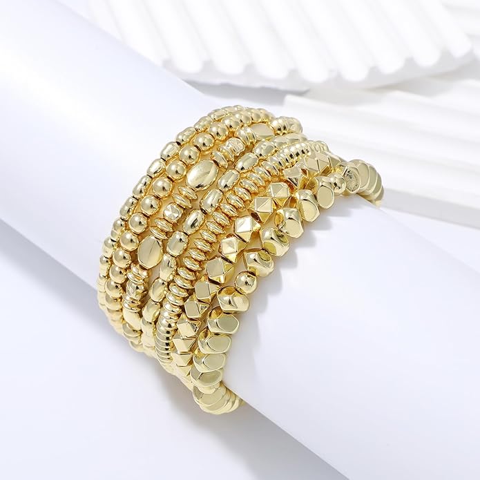 Gold Plated Beaded Bracelets for Women Trendy, 14K Gold Plated Stack Cross Pearl Gold Plated Bead Stretch Bracelets Set Elastic Hypoallergenic Bracelets Jewelry Gifts