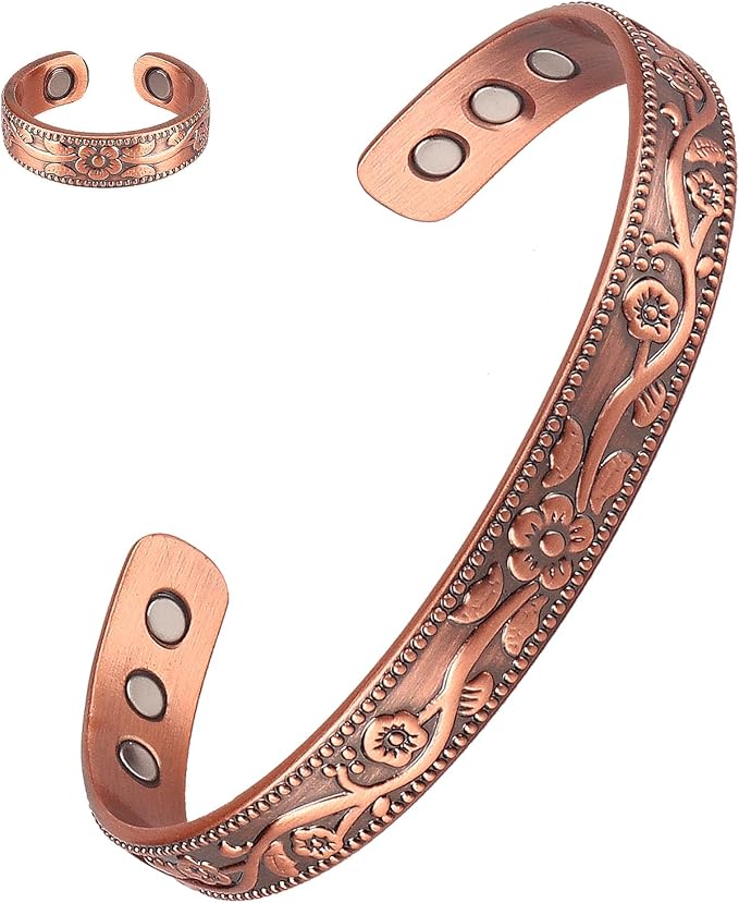 Vintage Flower Copper Bracelet and Ring,99.9% Pure Copper 3500 Gauss Strong Magnets