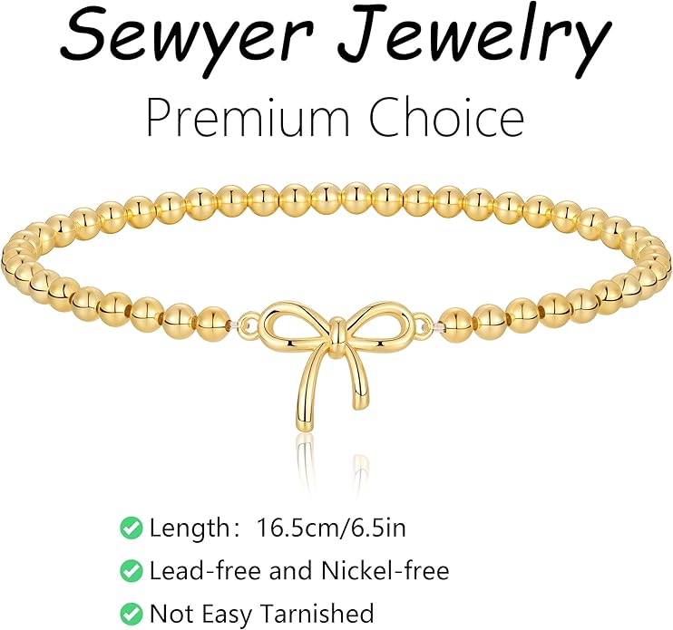 Gold Bracelets for Women, Cute 14K Gold/Silver Plated Stretch Beaded Bracelets for Women Trendy Stackable Charm Bracelet Dainty Adjustable Waterproof Non Tarnish Jewelry Gifts for Her