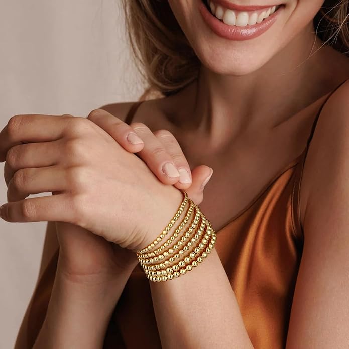 adoyi Valentines Day Gifts for Her Gold Bracelets for Women Waterproof, 14K Gold Plated Beaded Strand Bead Ball Bracelets stack Adjustable Jewelry Set for Gifts