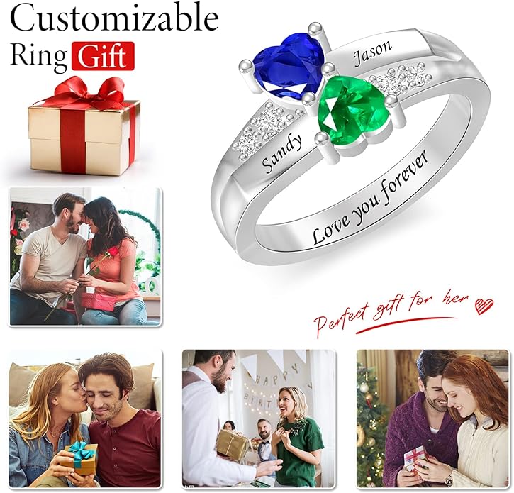 Personalized Heart Birthstone Rings for Women with 2 Birthstones Custom Name Rings for Couple Mother Daughter Jewelry Gift for Mother Her Christmas