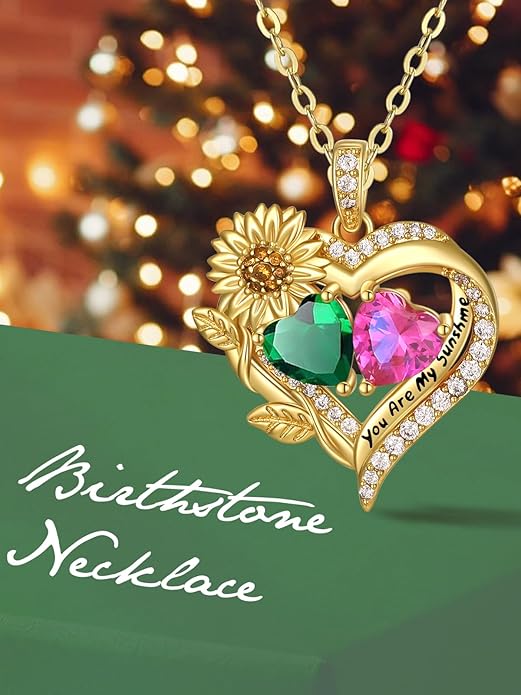 Sunflower Heart Necklace for Women 14K Gold Exquisite Valentines Day Anniversary Birthday Gifts for Wife Mother Her Double Birthstone Pendant Jewelry‘You Are My Sunshine’