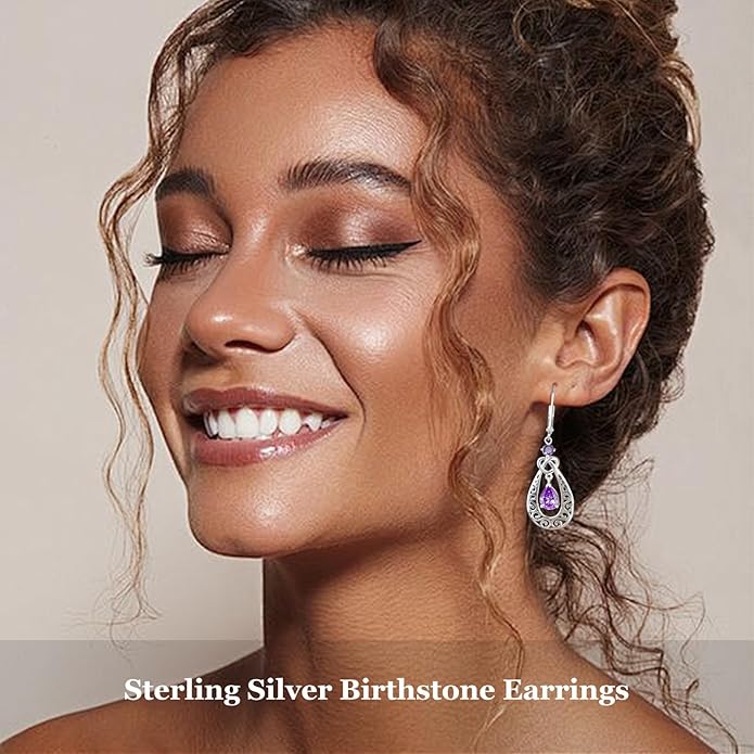 Teardrop Birthstone Dangle Drop Earrings Sterling Silver Infinity Filigree Leverback Earrings, Infinity Love Birthday Anniversary Valentines Day Gifts for Her Women Mom Wife