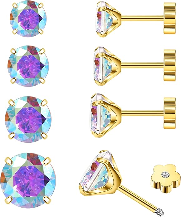 4Pairs AB Cubic Zirconia Earrings Studs Flat Back Earrings for Women 14K Gold CZ Flatback Stud Earrings Hypoallergenic Cartilage Nap Earrings