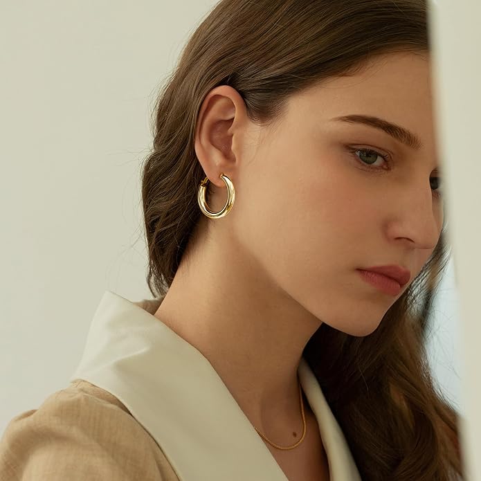 sovesi Chunky Gold Hoop Earrings for Women with 925 Sterling Silver Post, 14K Gold Plated Small Thick Gold Hoops Earrings for Women