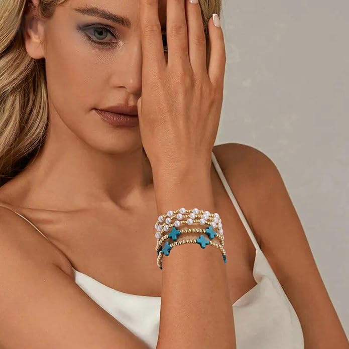 Gold Plated Beaded Bracelets for Women Trendy, 14K Gold Plated Stack Cross Pearl Gold Plated Bead Stretch Bracelets Set Elastic Hypoallergenic Bracelets Jewelry Gifts