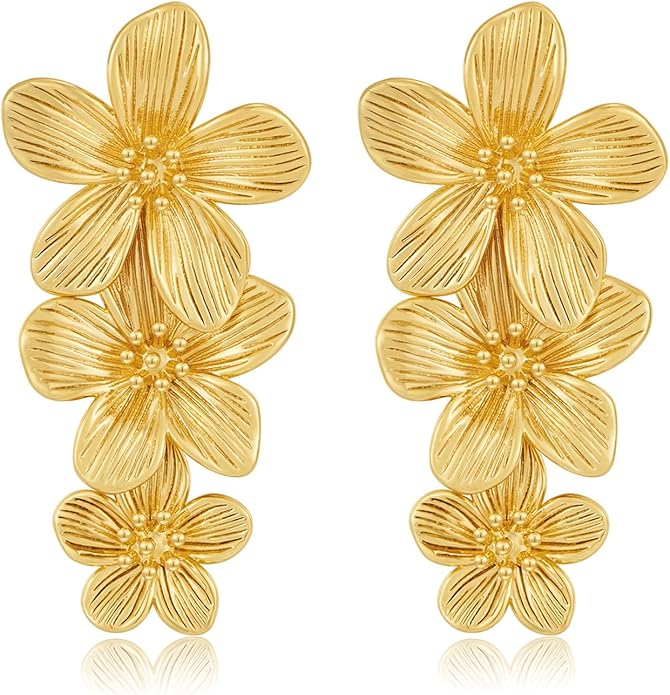 Flower Earrings for Women,Boho Statement Large Double Flower Earrings Trendy Chunky Floral Stud Earrings Elegant Chic