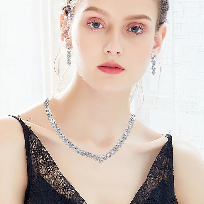 Hadskiss Jewelry Set for Women, Necklace Dangle Earrings Bracelet Set with White AAA Cubic Zirconia, Allergy Free Wedding Party Jewelry for Bridal Bridesmaid