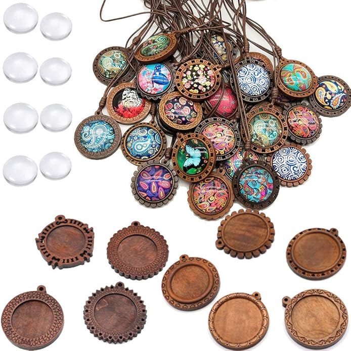ToBeIT Bezel Pendant Trays Round Wooden and Glass Cabochon Round Clear Dome for DIY Crafting Photo Jewelry Making