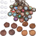 ToBeIT Bezel Pendant Trays Round Wooden and Glass Cabochon Round Clear Dome for DIY Crafting Photo Jewelry Making