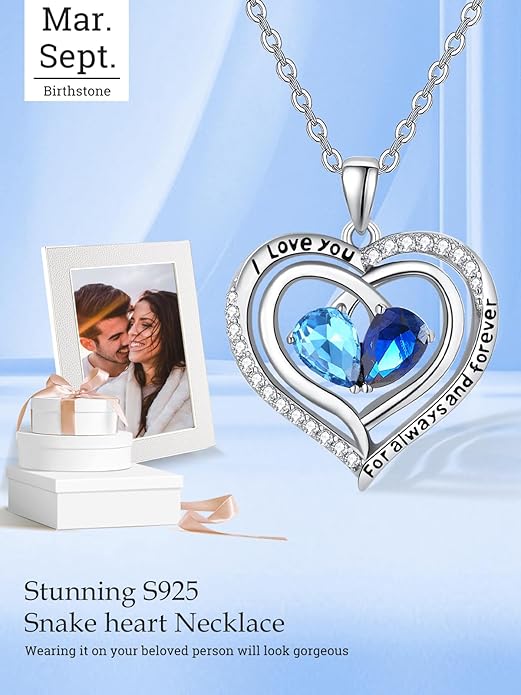 Valentine's Day Gifts for Wife 925 Sterling Silver Double Birthstone Pendant Necklaces I Love You for Always and Forever Necklace Anniversary Birthday Gifts for Wife Girlfriend Mom Her