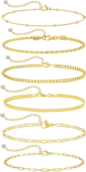 Anklets for Women 14K Gold Silver Plated Ankle Bracelets Trendy Waterproof Boho Anklets Set Adjustable Dainty Cute Diamond Beaded Heart Non Tarnish Summer Beach Jewelry Gift