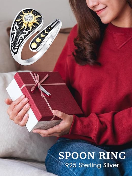 Midari Sun and Moon/Bee/Celtic/Life of Tree/Lotus Spoon Ring for Women 925 Sterling Silver Adjustable Ring Open Ring for Women Men Halloween Birthday Gift