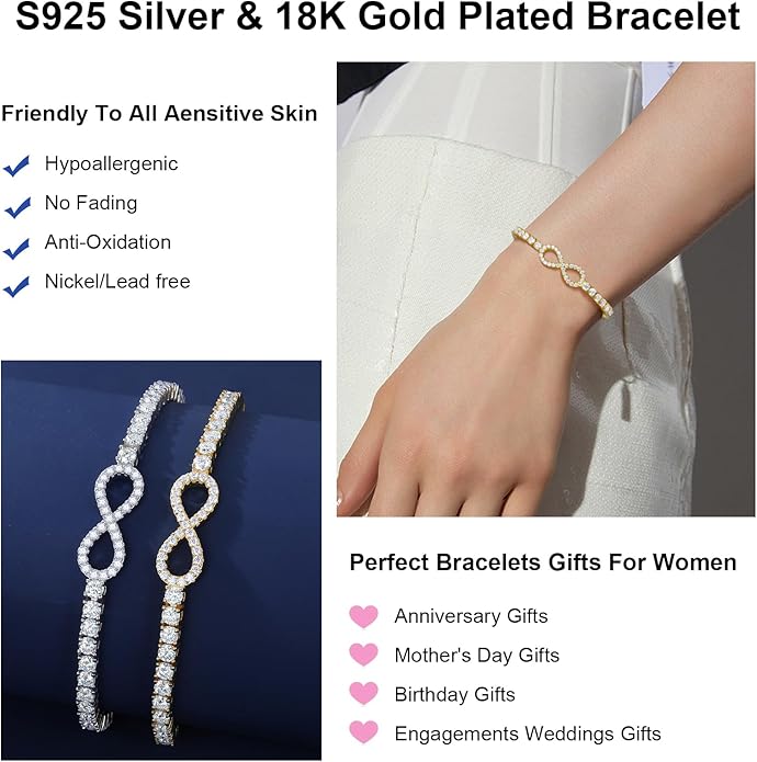 Moissanite Tennis Bracelets For Women, S925 Sterling Silver Infinity Bracelet, 3MM Width 18K Gold Plated White Gold Adjustable Bolo Bracelets- Birthday Christmas Gifts For Mom Wife Her