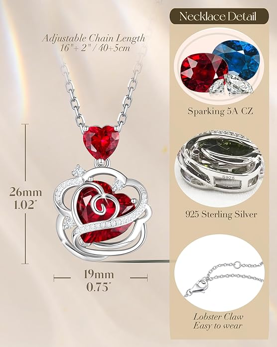 FANCIME Thornless Pulse Heart Birthstone Necklace for Women Sterling Silver Rose Pendant Fine Jewelry Gemstone Birthday Valentines Day Gifts for Wife Her
