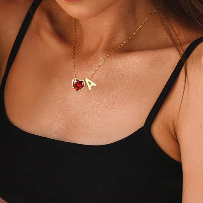 Valentines Day Gifts for Her- Heart Birthstone Initial Necklace for Women Girls,14K Gold Plated Heart Letter A-Z Necklace Birthday Trendy Jewelry Gifts for Women Girls Daughter