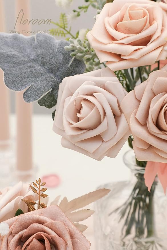 Artificial Flowers 25pcs Real Looking Warm Taupe & Nude Foam Fake Roses - Image 5