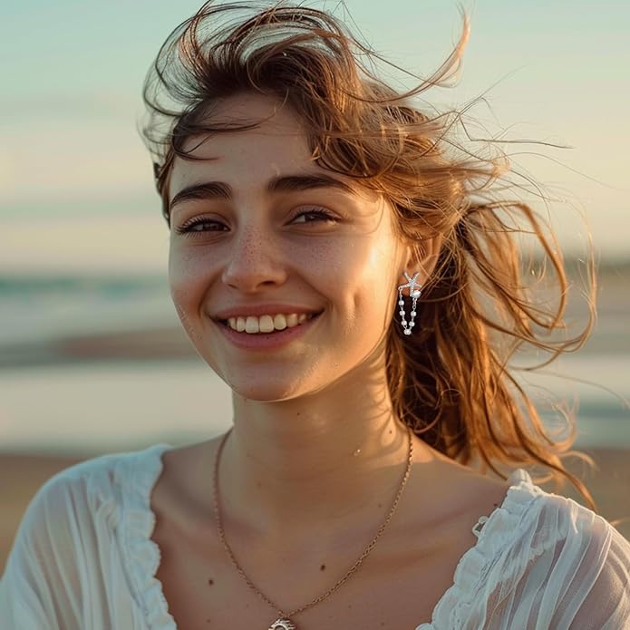 Seashell Starfish Earrings Beach Jewelry for Women Pearl Drop Shell Earrings Ocean Beachy Fashion Accessories Womens Summer Outfits 2026 Tropical Vacation Outfits Beach Vacation Clothes Dresses