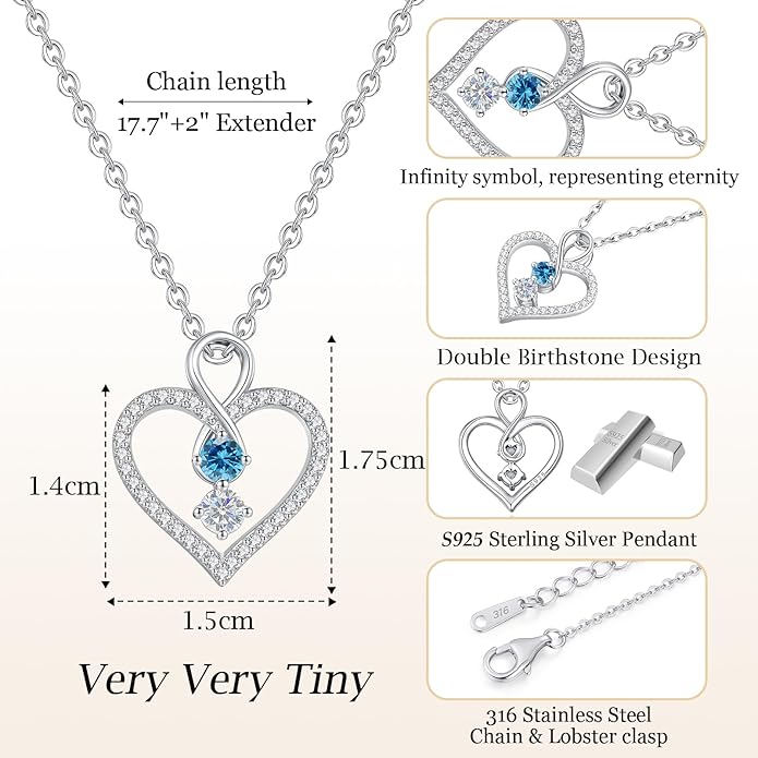 LOUISA SECRET Infinity Double Birthstone Necklace, 925 Sterling Silver Tiny Pendant Heart Necklace for Women Wife Her, Best Jewelry Gift Heart Jewelry Meaningful Gift for Valentine's Day, Christmas, Birthday Anniversary