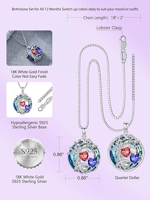 TOUPOP s925 Sterling Silver Family Celtic Tree of Life Pendant Necklaces with 2 Heart Birthstone with Blue Austrian Crystal Jewelry Birthday Valentines Day Gifts for Her, Anniversary Christmas Gifts for Wife Girlfriend Mom (18K Real White Gold Filled)