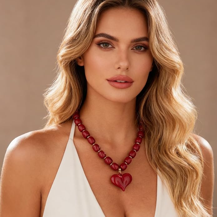 Large Acrylic Heart Necklaces for Women Chunky Puffy Heart Pendant Necklace Exaggerated Statement Love Beaded Choker Necklace Jewelry