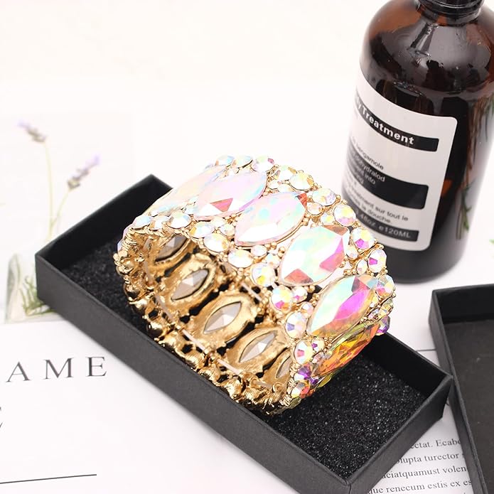 Women’s Elegant Wedding Bridal Crystal Double Row Marquise-Shape Leaf Stretch Bangle Bracelet Bride Jewelry for Women